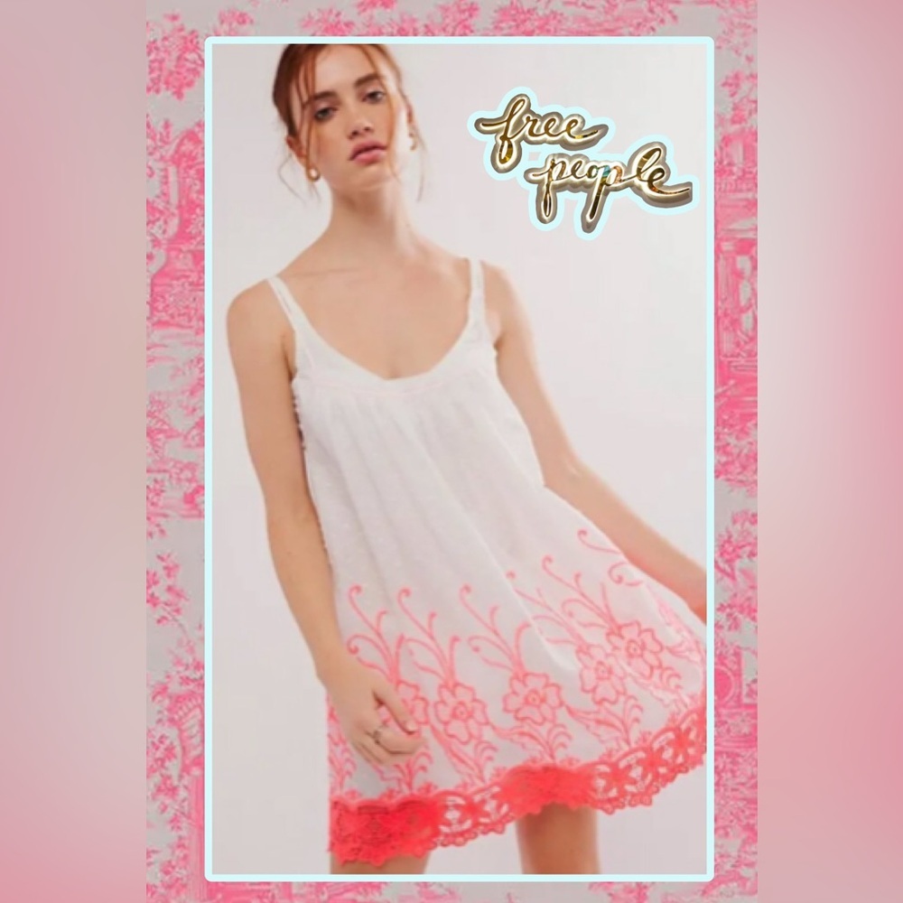 NWOT🪸Free People Intimtly Day Glow Shapeless Slip XS Neon Coral/White Swiss Dot